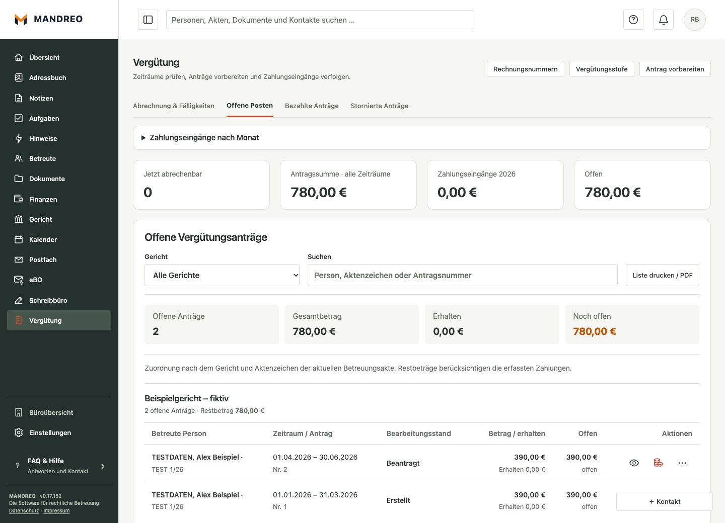 MANDREO: Vergütung mit fiktiven Beispieldaten