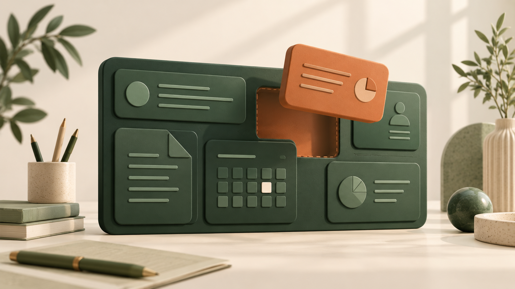 Ein orangefarbenes Modul ergänzt eine grüne Softwareübersicht – Symbolbild für individuelle Büroanpassungen