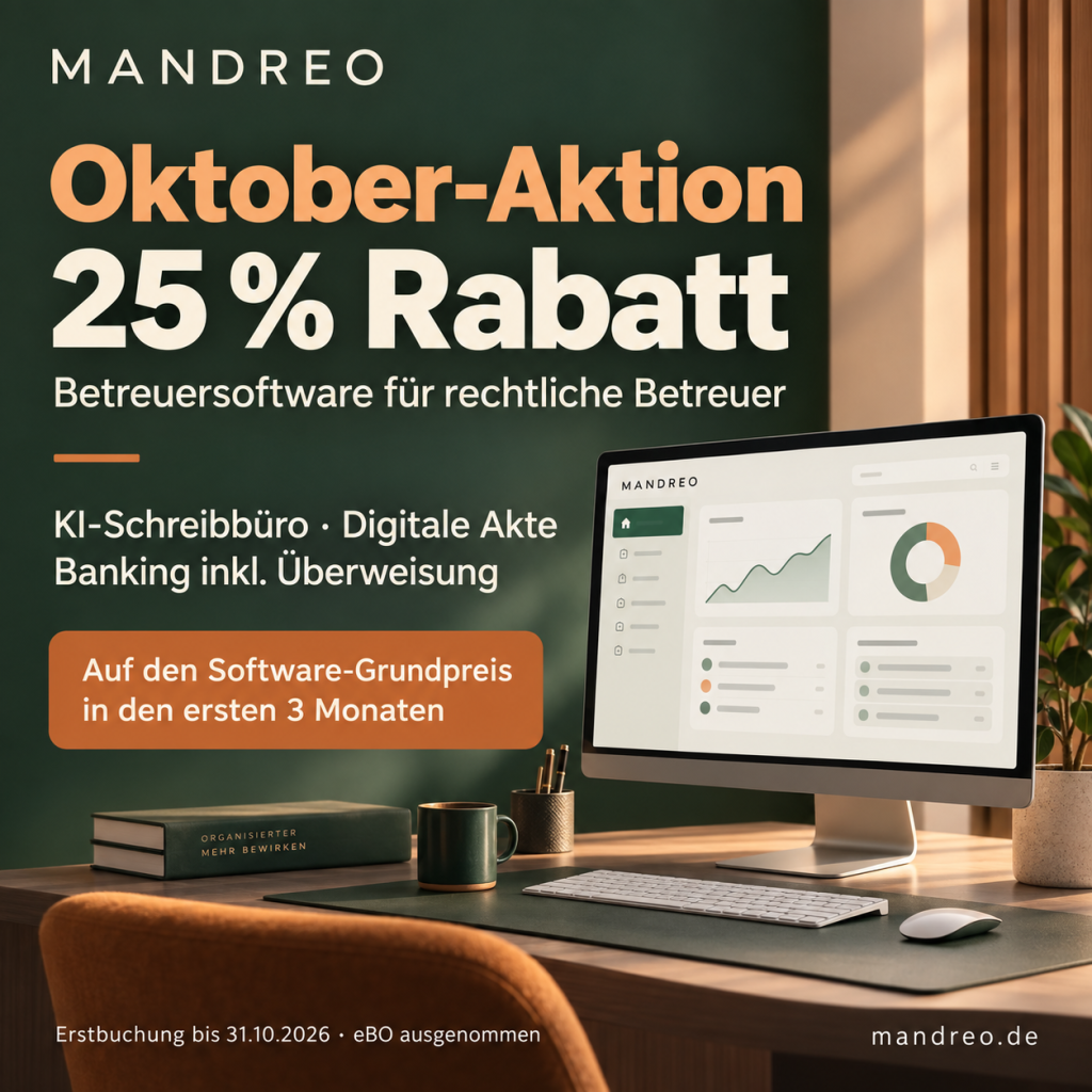 Oktober-Aktion: 25 Prozent Rabatt auf den Software-Grundpreis in den ersten drei Monaten. KI-Schreibbüro, digitale Akte und Banking inklusive Überweisung. Erstbuchung bis 31.10.2026, eBO ausgenommen.