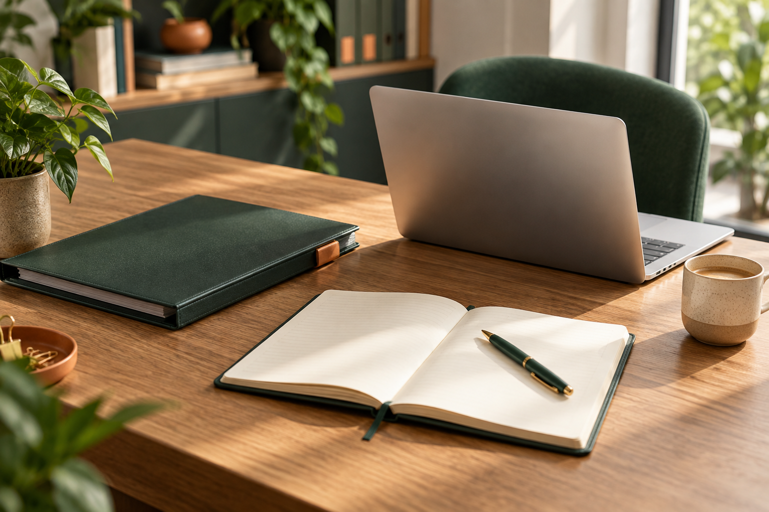 Heller Büroarbeitsplatz mit Laptop, grünem Aktenordner und Notizbuch