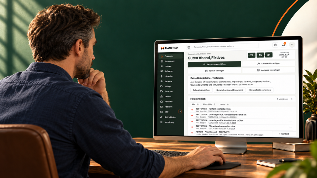 KI-generierte Arbeitsszene: Ein fiktiver Nutzer arbeitet mit MANDREO Desktop; fiktive Testdaten