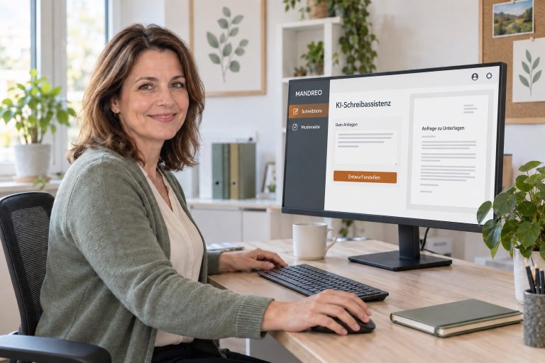 Freundliche Frau am Desktop-PC mit einer illustrierten MANDREO-Schreiboberfläche in einem hellen Büro.