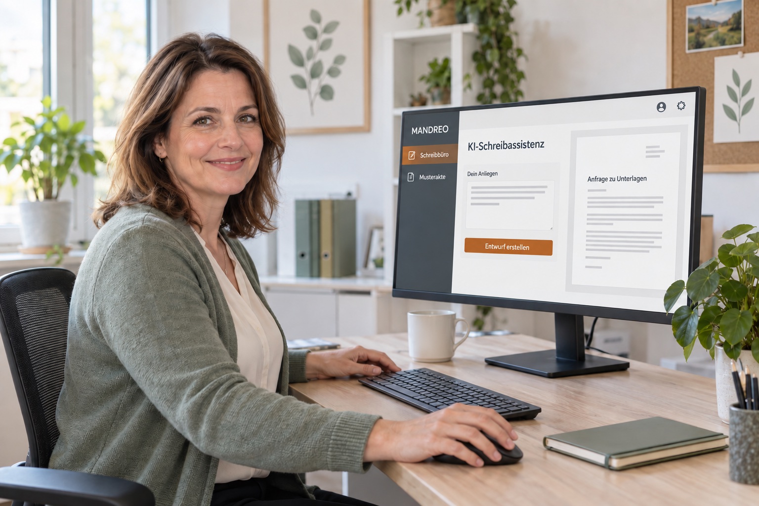 Freundliche Frau am Desktop-PC mit einer illustrierten MANDREO-Schreiboberfläche in einem hellen Büro.