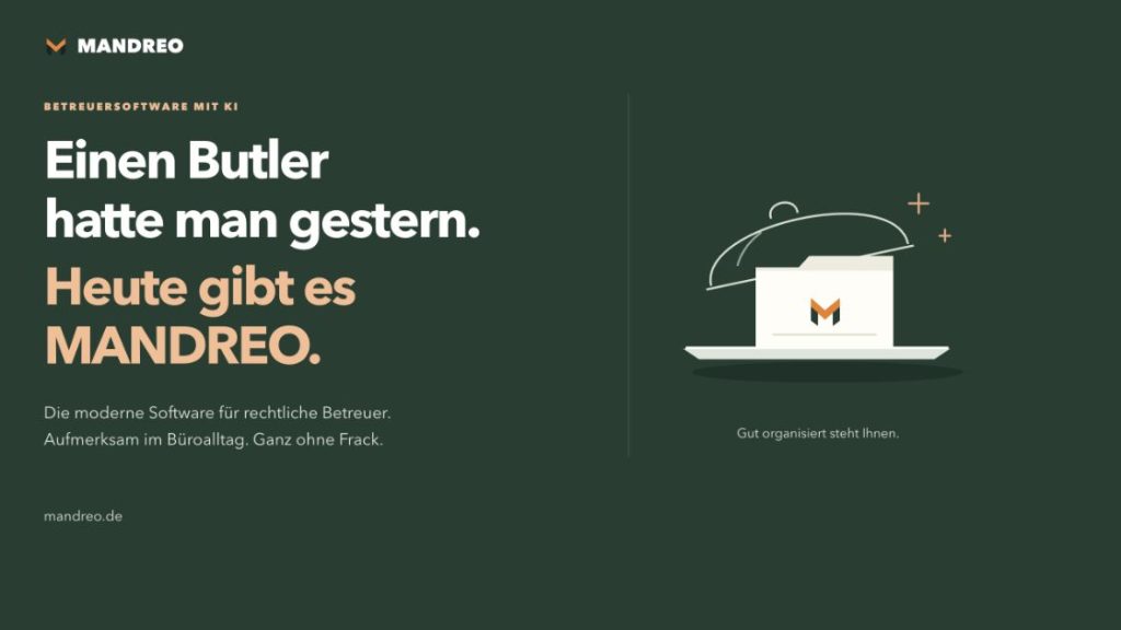 MANDREO – moderne Software für rechtliche Betreuer. Eine illustrierte Servierglocke gibt eine digitale Akte frei.