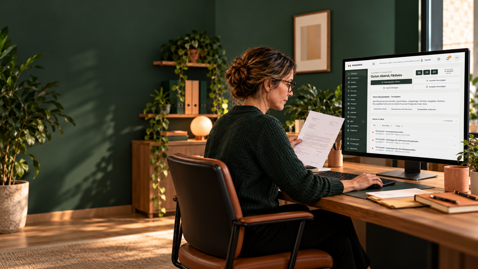 KI-generierte Arbeitsszene mit MANDREO: fiktive Personen und Testdaten