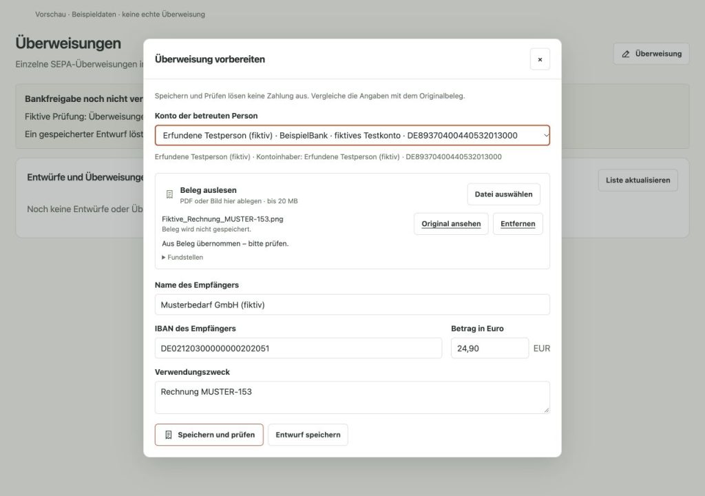 MANDREO-Überweisungsdialog mit aus einem fiktiven Beleg übernommenen Zahlungsdaten