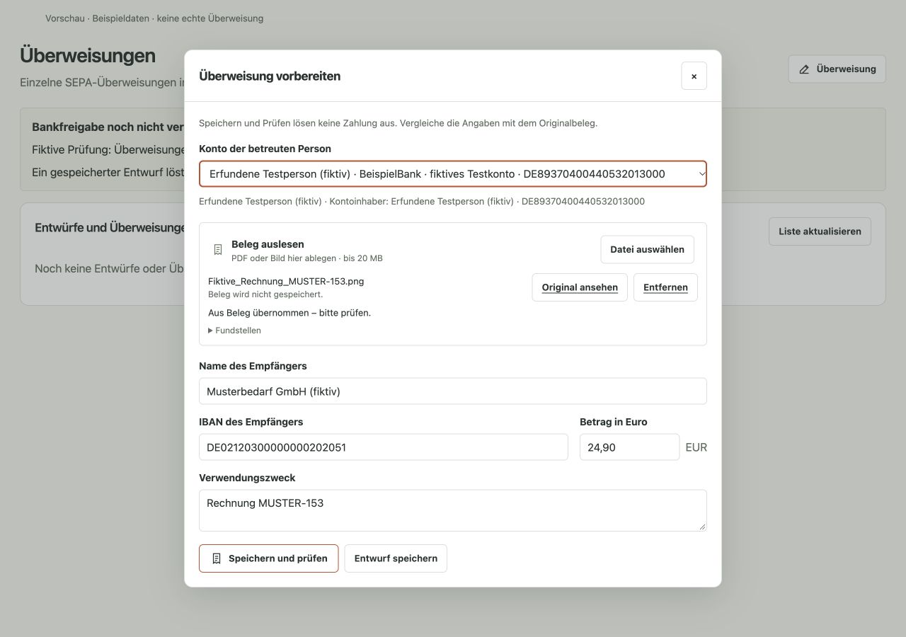 MANDREO-Überweisungsdialog mit aus einem fiktiven Beleg übernommenen Angaben zu Empfänger, IBAN, Betrag und Verwendungszweck